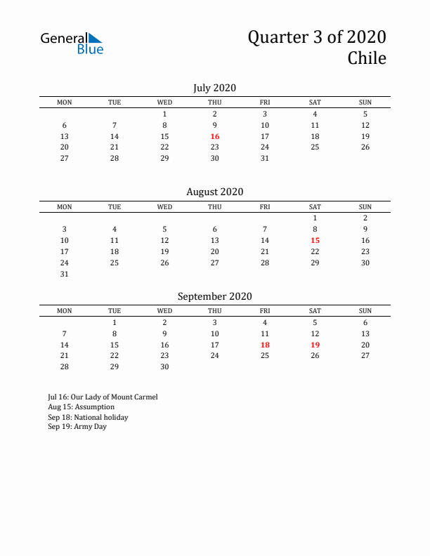 Quarter 3 2020 Chile Quarterly Calendar