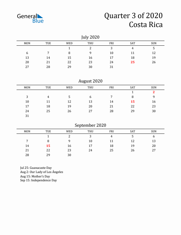 Quarter 3 2020 Costa Rica Quarterly Calendar