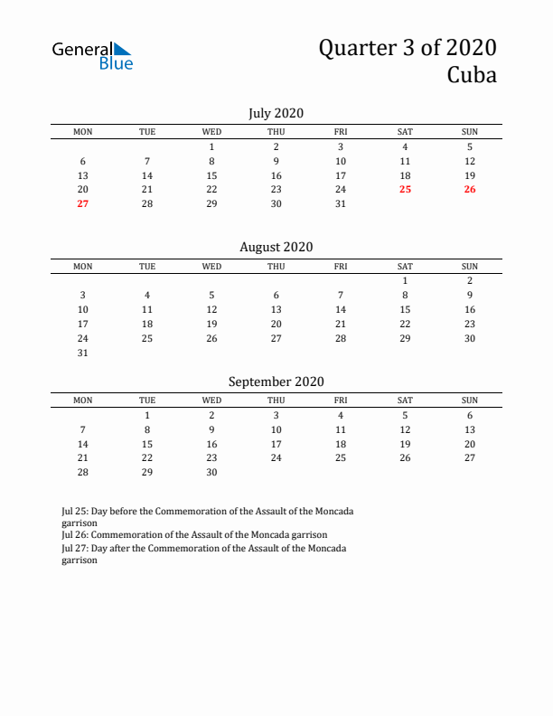 Quarter 3 2020 Cuba Quarterly Calendar