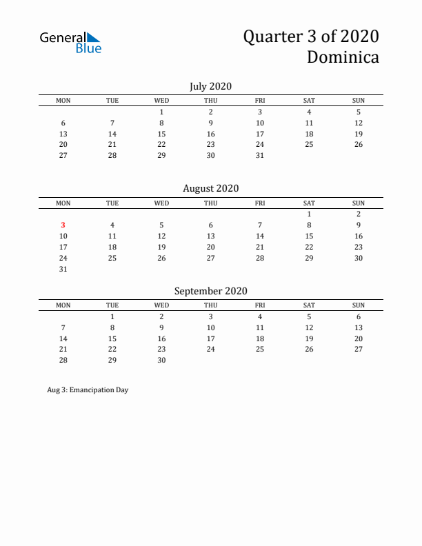 Quarter 3 2020 Dominica Quarterly Calendar