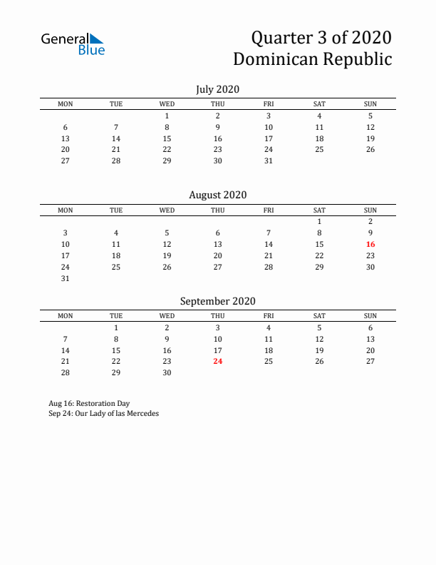 Quarter 3 2020 Dominican Republic Quarterly Calendar