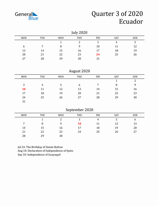 Quarter 3 2020 Ecuador Quarterly Calendar