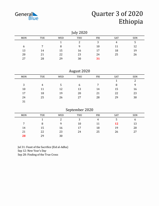 Quarter 3 2020 Ethiopia Quarterly Calendar