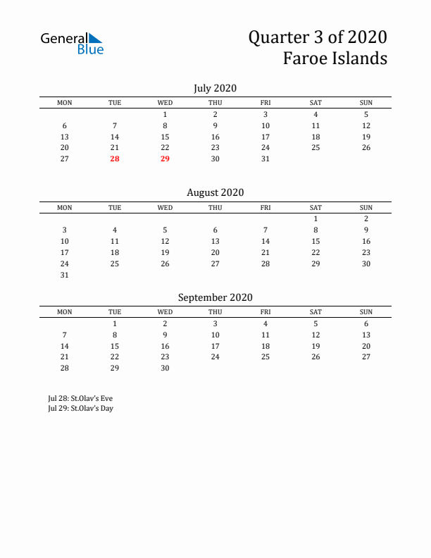 Quarter 3 2020 Faroe Islands Quarterly Calendar