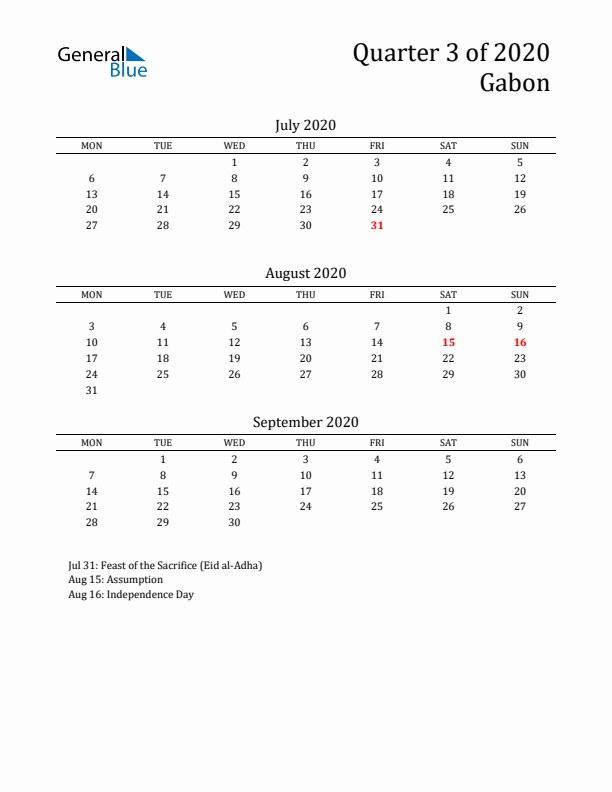 Quarter 3 2020 Gabon Quarterly Calendar