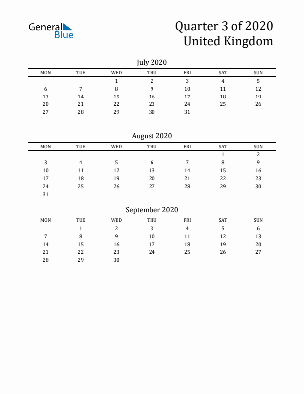 Quarter 3 2020 United Kingdom Quarterly Calendar