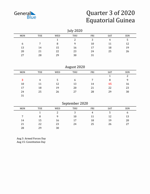 Quarter 3 2020 Equatorial Guinea Quarterly Calendar