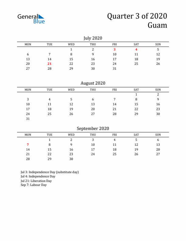 Quarter 3 2020 Guam Quarterly Calendar