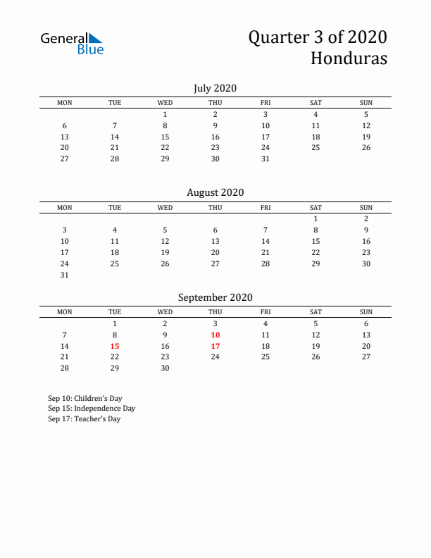 Quarter 3 2020 Honduras Quarterly Calendar