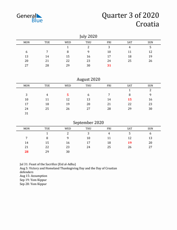 Quarter 3 2020 Croatia Quarterly Calendar