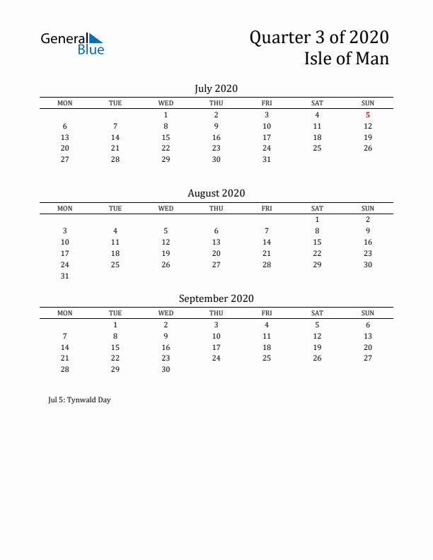 Quarter 3 2020 Isle of Man Quarterly Calendar