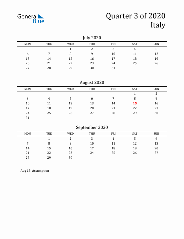 Quarter 3 2020 Italy Quarterly Calendar