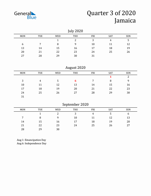 Quarter 3 2020 Jamaica Quarterly Calendar