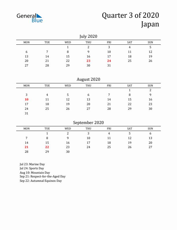 Quarter 3 2020 Japan Quarterly Calendar