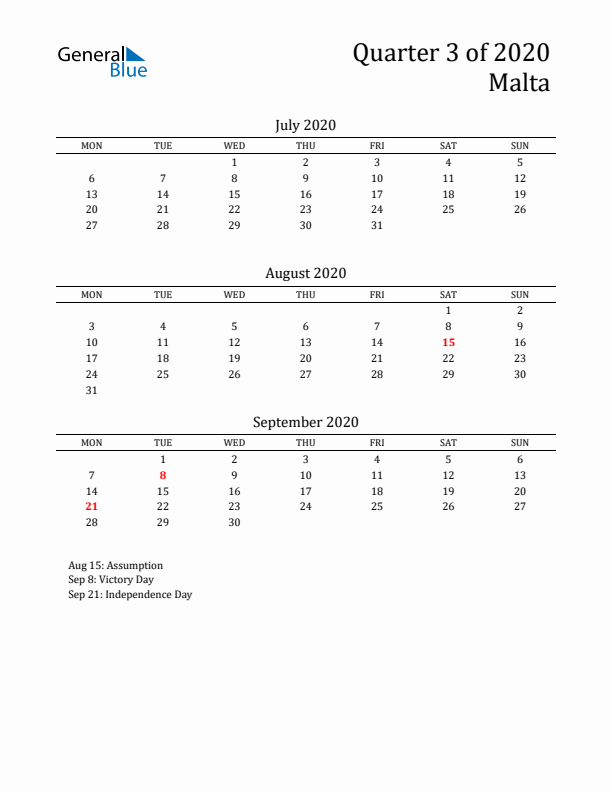 Quarter 3 2020 Malta Quarterly Calendar