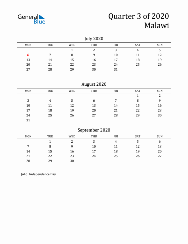 Quarter 3 2020 Malawi Quarterly Calendar