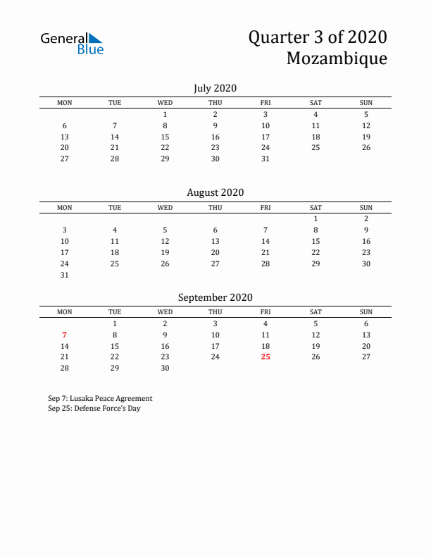 Quarter 3 2020 Mozambique Quarterly Calendar