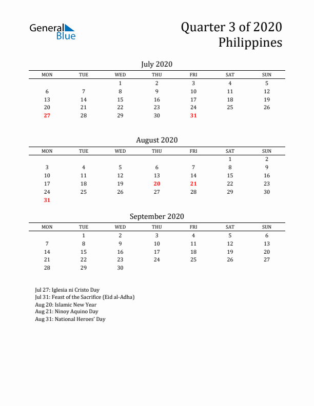 Quarter 3 2020 Philippines Quarterly Calendar