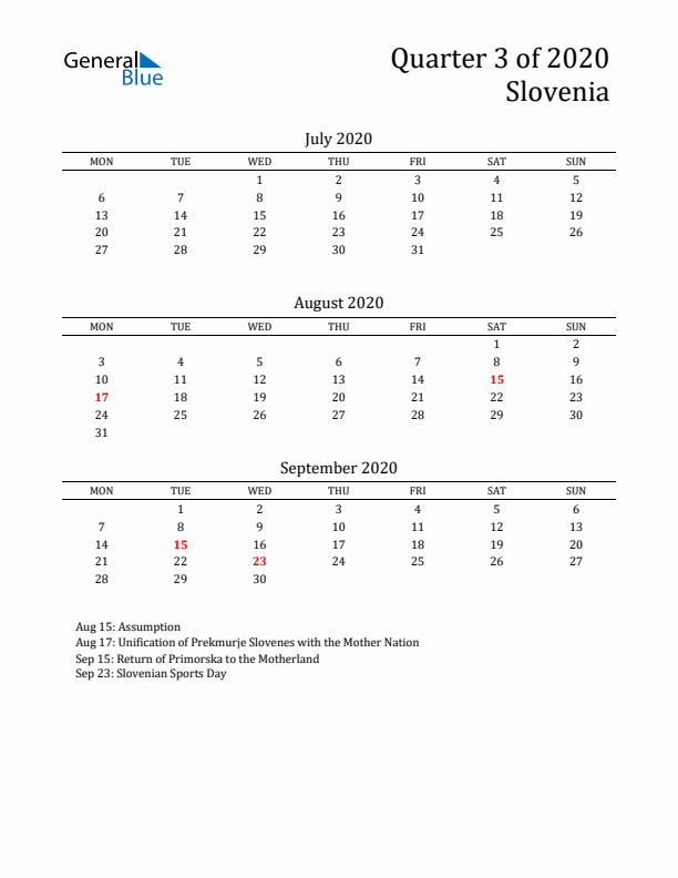 Quarter 3 2020 Slovenia Quarterly Calendar