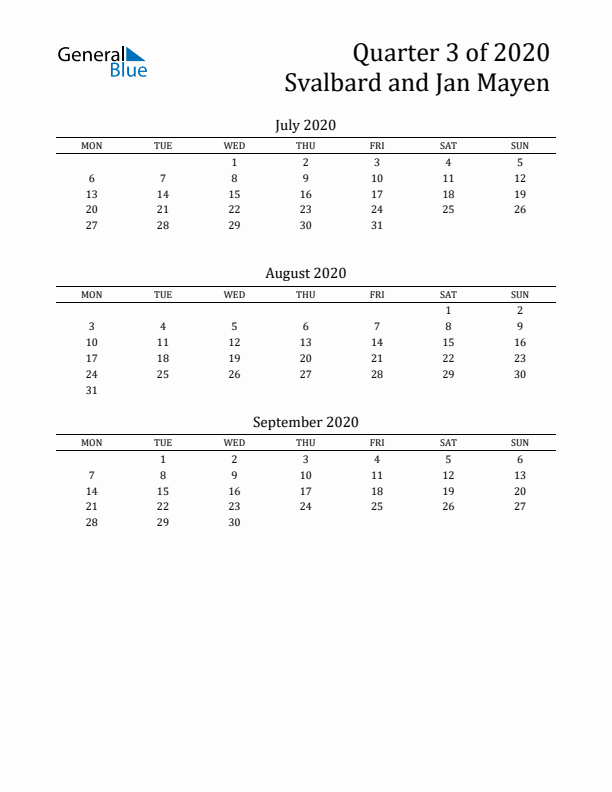 Quarter 3 2020 Svalbard and Jan Mayen Quarterly Calendar