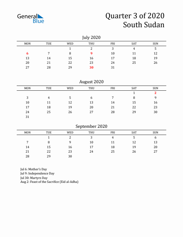 Quarter 3 2020 South Sudan Quarterly Calendar