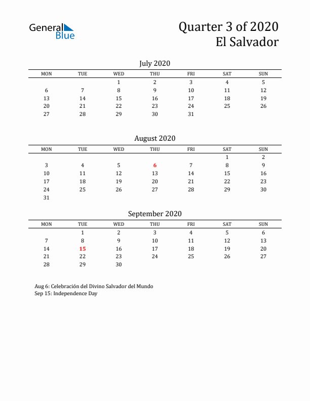 Quarter 3 2020 El Salvador Quarterly Calendar