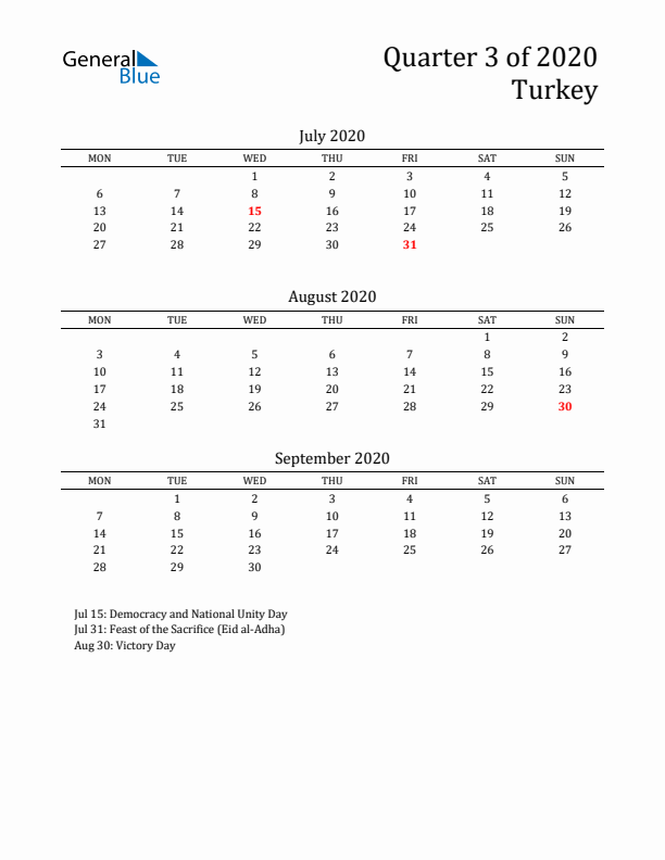 Quarter 3 2020 Turkey Quarterly Calendar