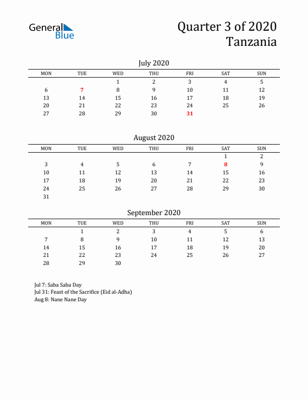 Quarter 3 2020 Tanzania Quarterly Calendar