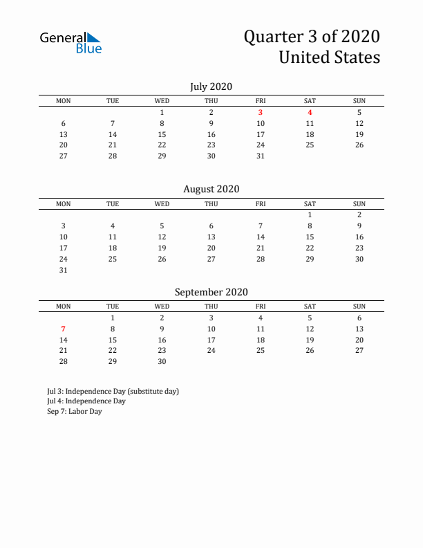 Quarter 3 2020 United States Quarterly Calendar