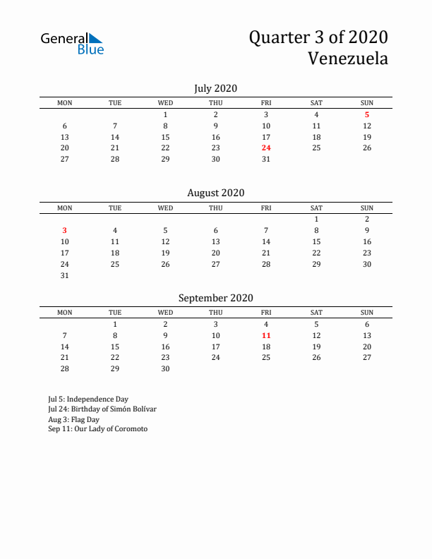 Quarter 3 2020 Venezuela Quarterly Calendar