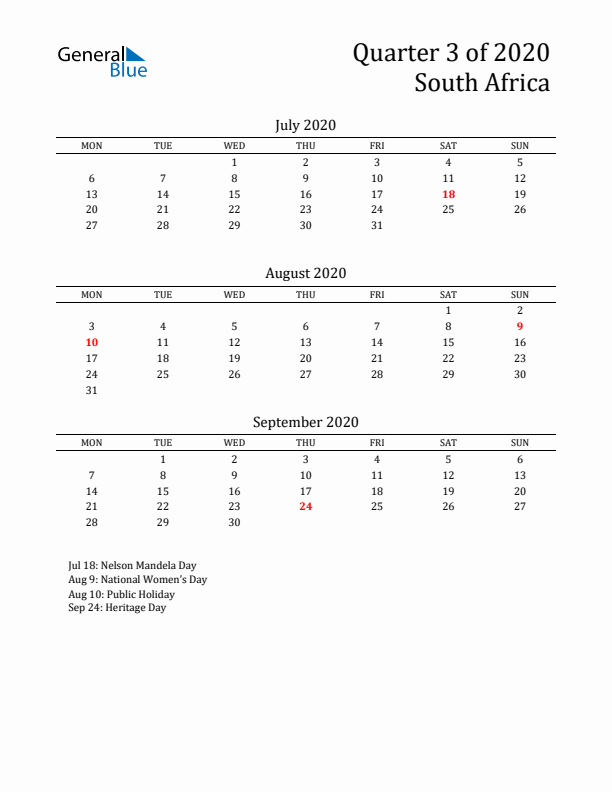 Quarter 3 2020 South Africa Quarterly Calendar