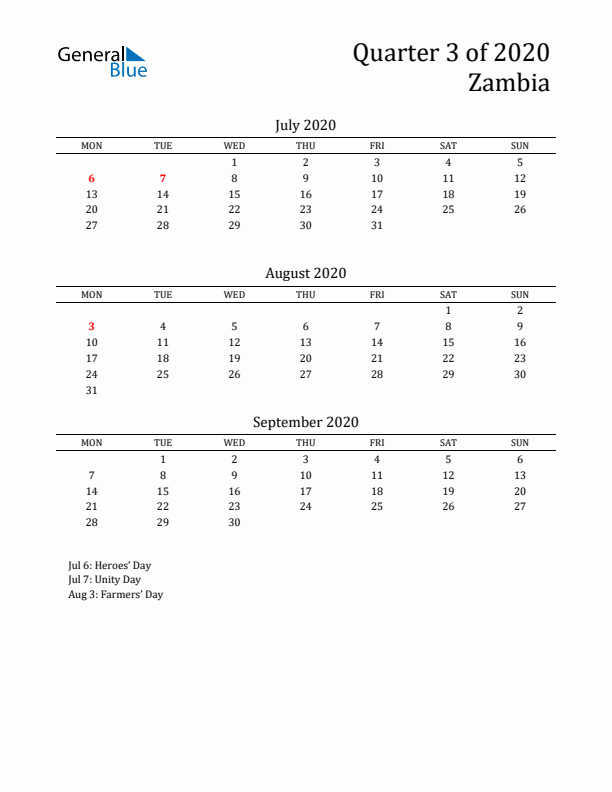 Quarter 3 2020 Zambia Quarterly Calendar