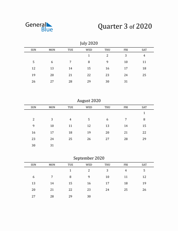 2020 Three-Month Calendar with Sunday Start - Quarter 3