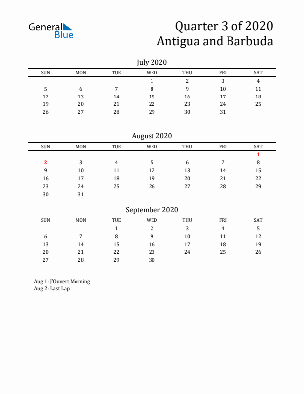 Quarter 3 2020 Antigua and Barbuda Quarterly Calendar