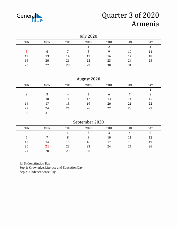 Quarter 3 2020 Armenia Quarterly Calendar