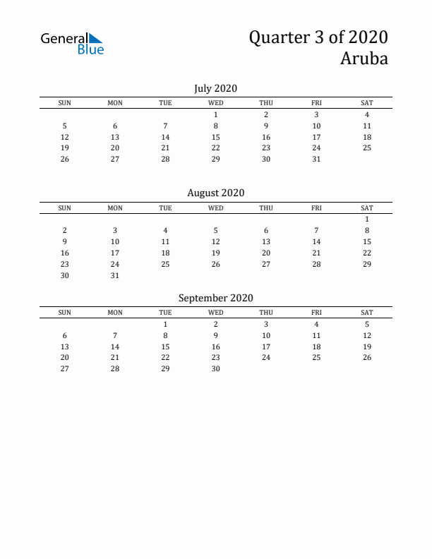 Quarter 3 2020 Aruba Quarterly Calendar