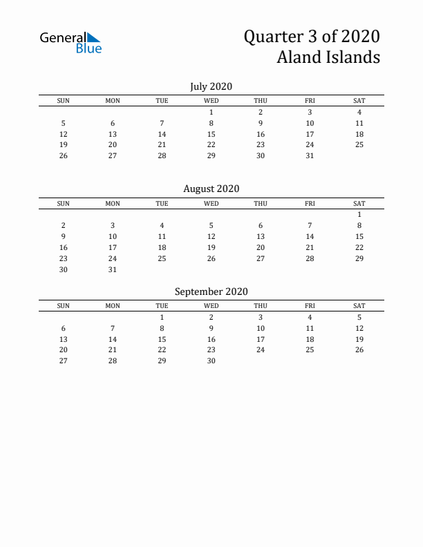 Quarter 3 2020 Aland Islands Quarterly Calendar