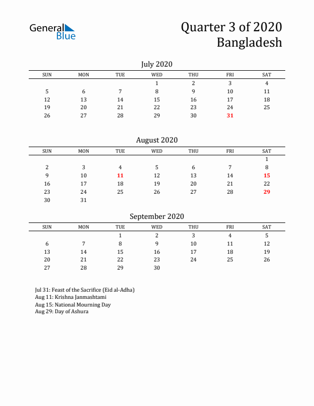 Quarter 3 2020 Bangladesh Quarterly Calendar