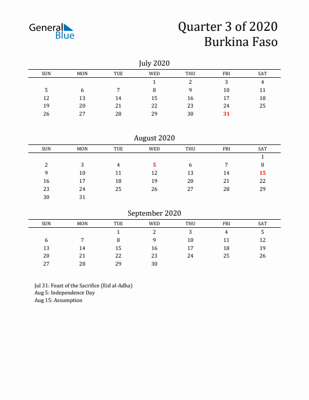 Quarter 3 2020 Burkina Faso Quarterly Calendar