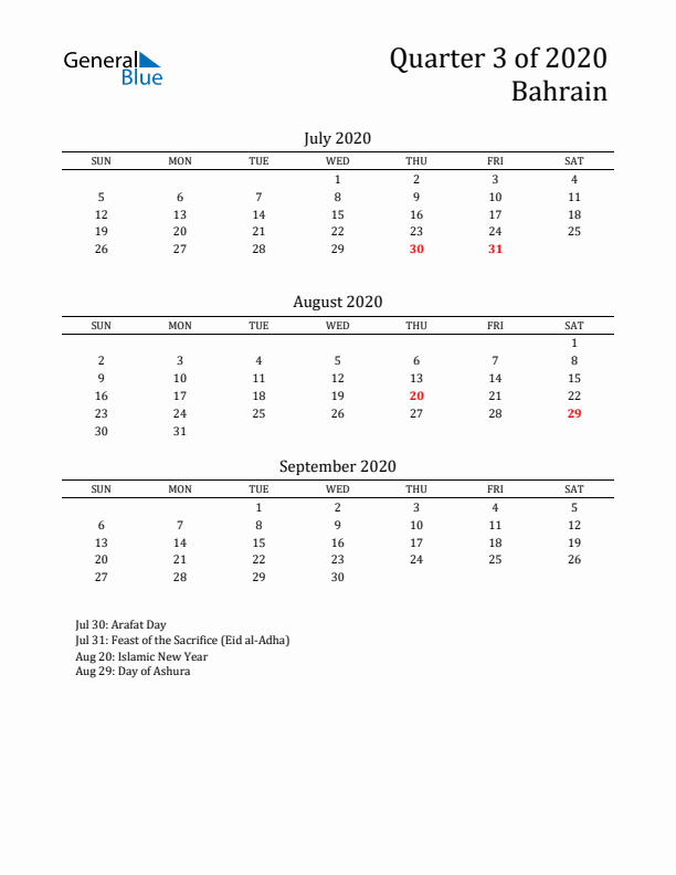 Quarter 3 2020 Bahrain Quarterly Calendar