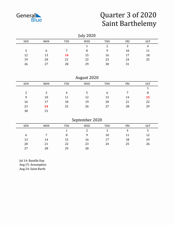 Quarter 3 2020 Saint Barthelemy Quarterly Calendar