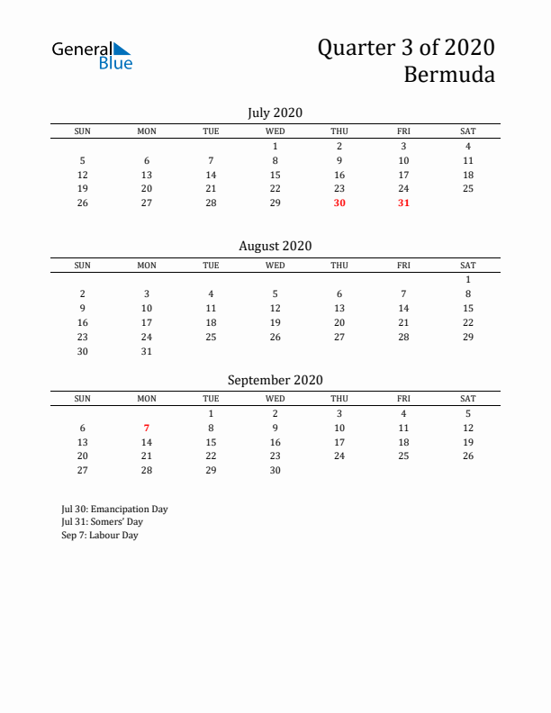 Quarter 3 2020 Bermuda Quarterly Calendar