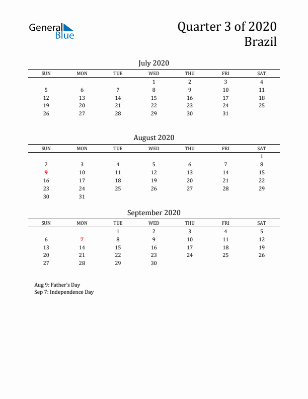 Quarter 3 2020 Brazil Quarterly Calendar