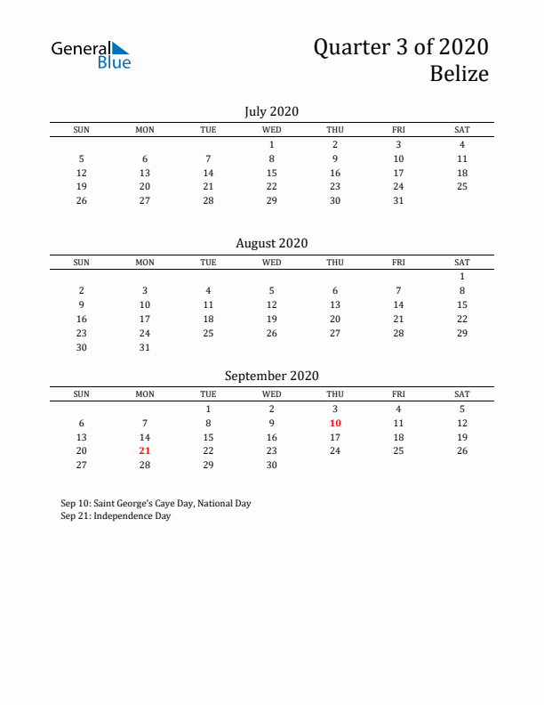 Quarter 3 2020 Belize Quarterly Calendar