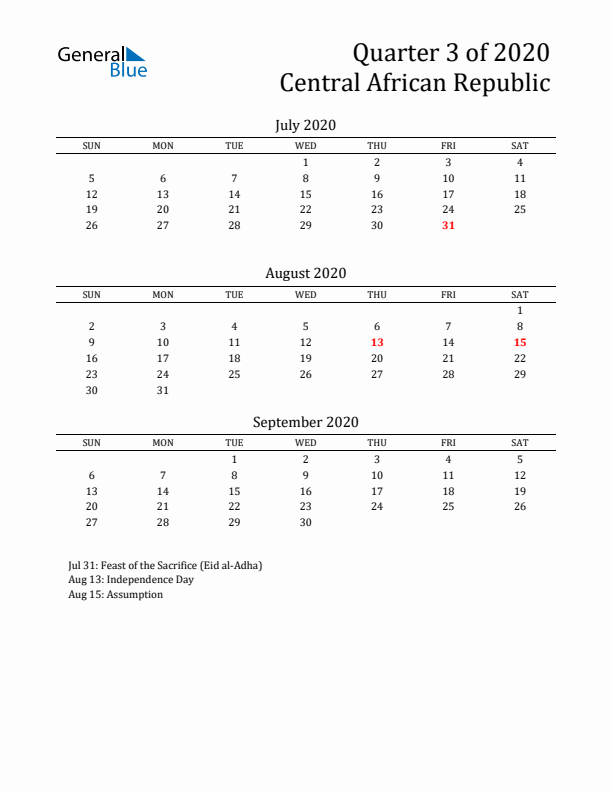 Quarter 3 2020 Central African Republic Quarterly Calendar