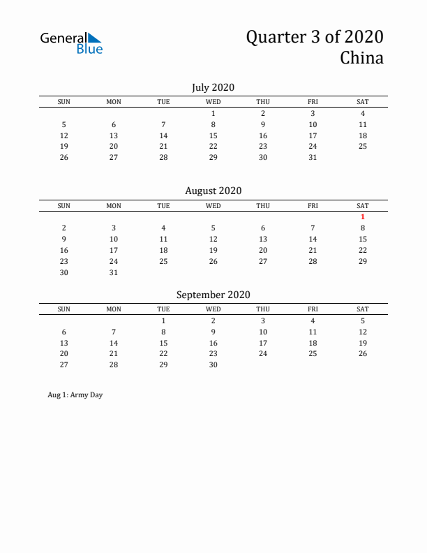 Quarter 3 2020 China Quarterly Calendar