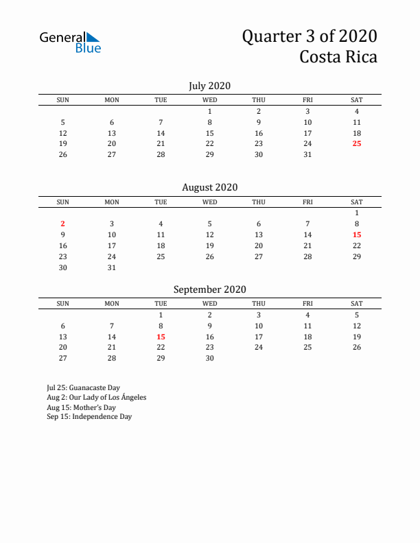 Quarter 3 2020 Costa Rica Quarterly Calendar