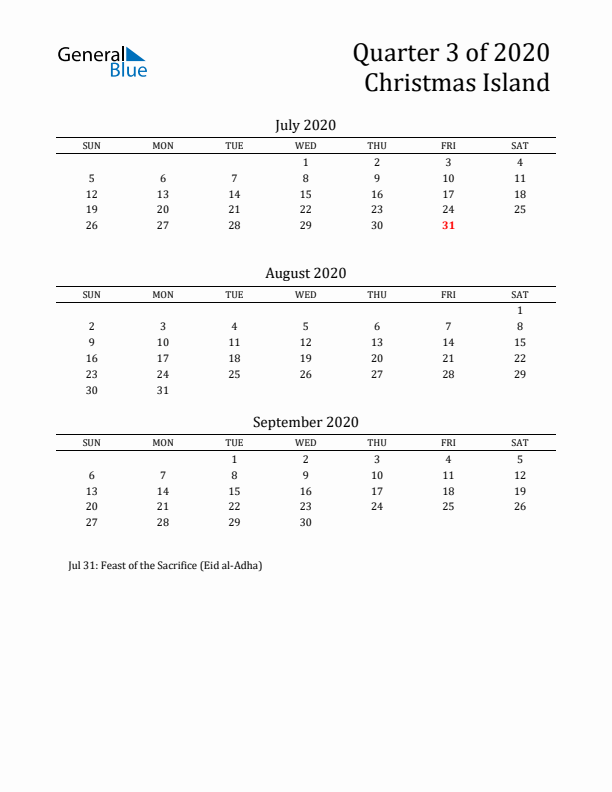 Quarter 3 2020 Christmas Island Quarterly Calendar