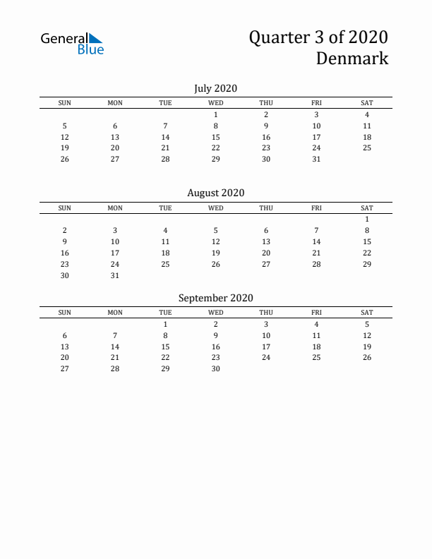 Quarter 3 2020 Denmark Quarterly Calendar