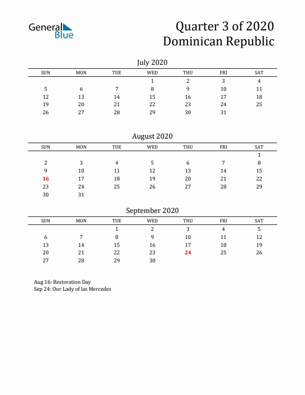 Quarter 3 2020 Dominican Republic Quarterly Calendar